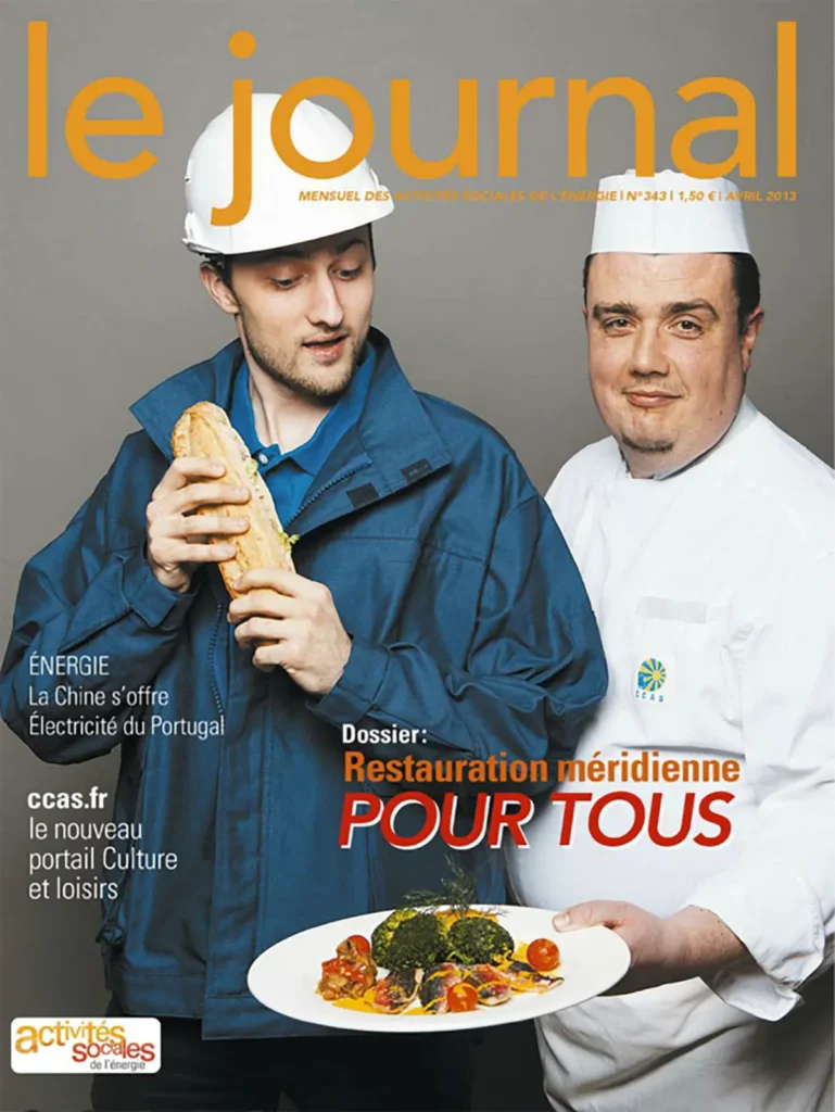 Couverture du magazine CCAS, portrait croisé entre un chef cuisinier et un ouvrier.